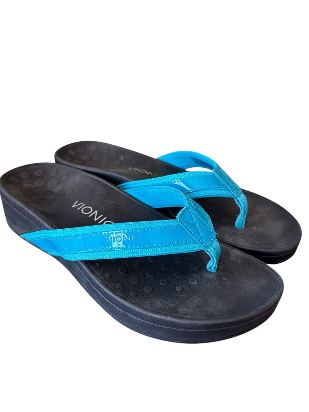 Vionic High Tide Patent Leather Turquoise Wedge Platform Flip Flop Size 8